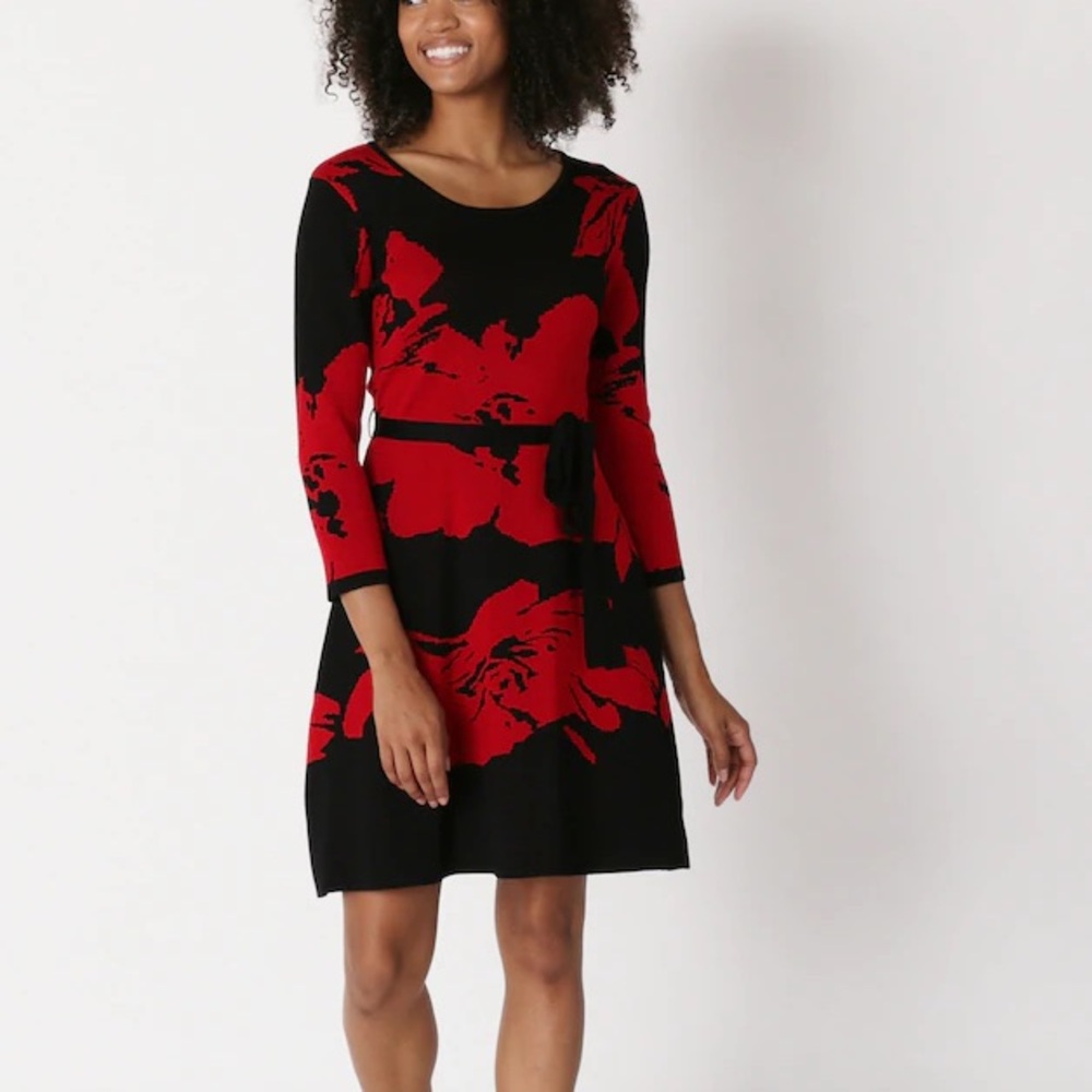 Red and Black Floral knit Dress